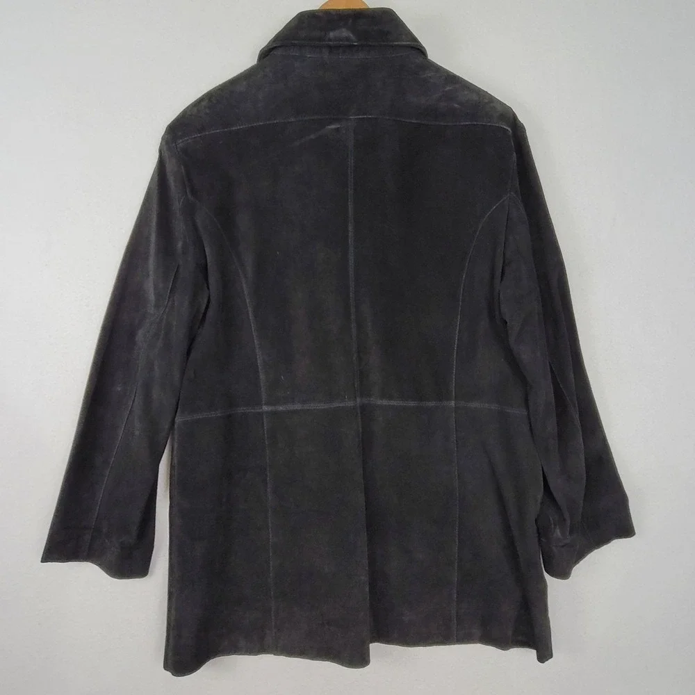 Chicos Vintage Black Suede Long Jacket Button Front Collared Size 3 / X-Large
